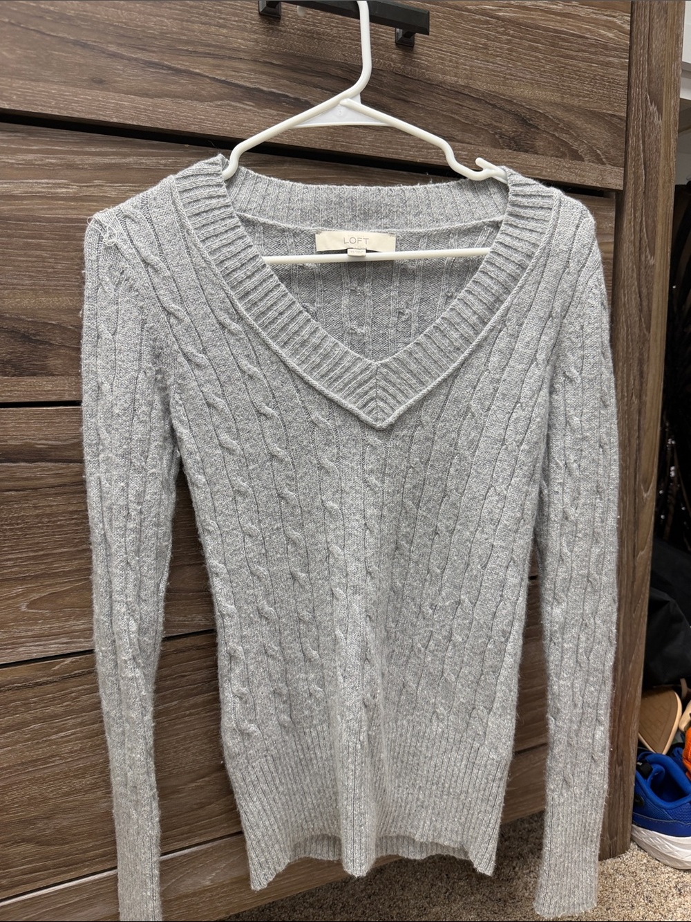 LOFT Light Gray Cable Knit V-Neck Sweater